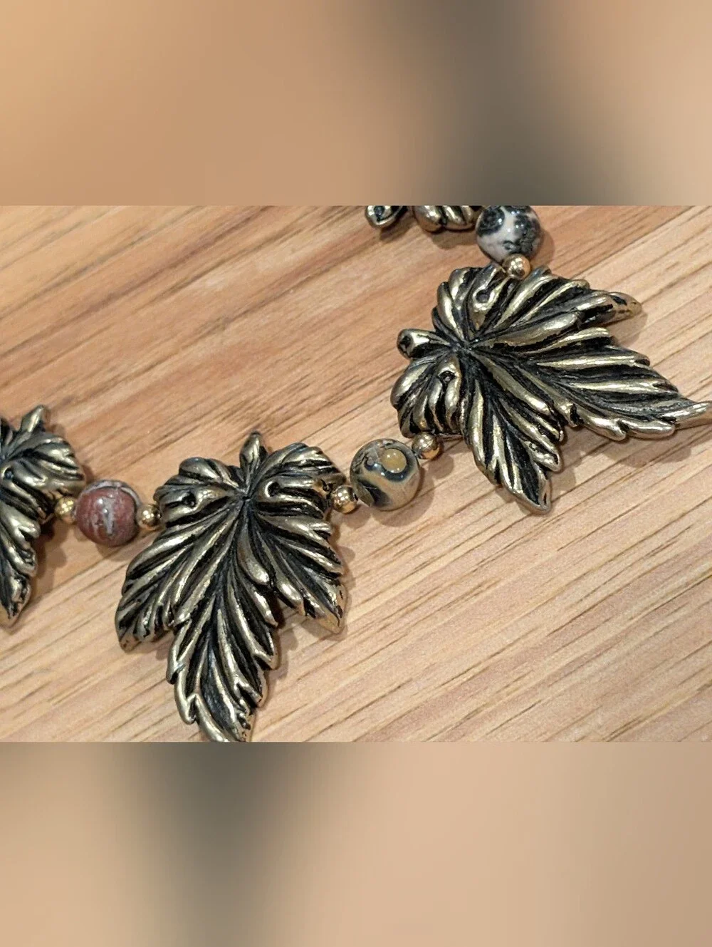 Leaf Pendant Bead Necklace and Earrings Set - Antiqued Gold and Jasper Stone